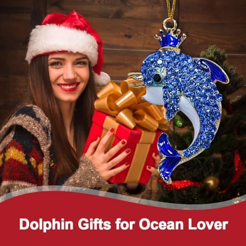 Dolphin Ornaments for Christmas Tree, Metallic Ornament with Blue Rhinestone, Dolphin Gifts for Women - Ocean Themed, Beautiful Cute Christmas Ornaments for Kids Girls - Image 2