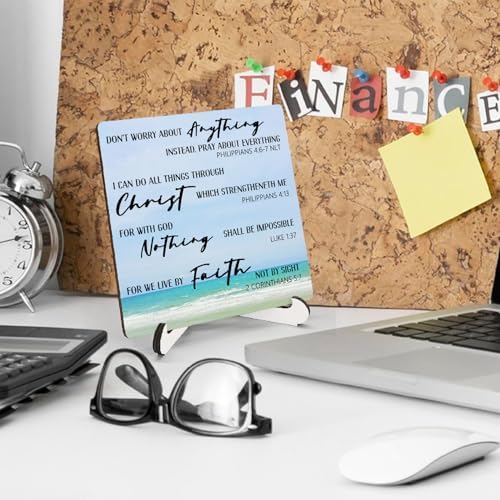 Beach Christian Bible Verse Wooden Sign Desk Decor, Christian Faith Based Gifts Wood Plaque Sign With Stand for Beach Lake House Home Office Desk Table Shelf Decoration, 5x5 Inch - Image 3