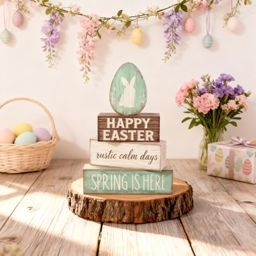 Easter Decorations - Happy Easter Bunny Egg Tiered Tray Decor - Wooden Easter Tabletop Sign - Rustic Farmhouse Spring Home Decor Indoor for Tiered Tray Shelf Mantel Entryway Coffee Table - Image 5