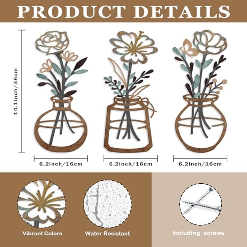 ARTINME 3 Pieces Metal Flowers Wall Arts - Rustic Farmhouse Decor Minimalist Flower Wall Decors for Living Room Bathroom Kitchen Bedroom Dining Room - Housewarming Gifts (Brown) - Image 2