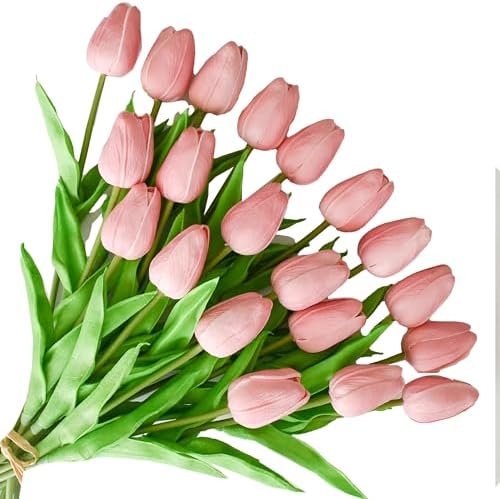 ONLY ART Artificial Dusty Pink Tulips 20 Pcs – 13.5 Inch PU Faux Flowers with Bendable Stems for Home Décor, Wedding Centerpieces, DIY Floral Arrangements, New Year and Valentine's Day by ONLYART