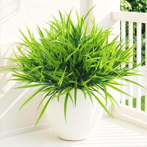 Uieke 12 Bundles Artificial Outdoor Plants UV Resistant Fake Grass Plants Faux Plastic Plants Greenery Shrubs for Home Garden Pathway Window Box Front Porch Spring Summer Decor, Green by Uieke