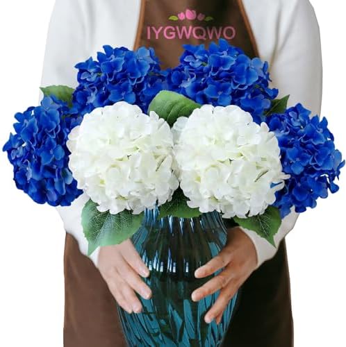 20" Hydrangea Artificial Flowers, Large Silk 2Pcs White/ 4Pcs Dark Blue Home Decor by IYGWQWO