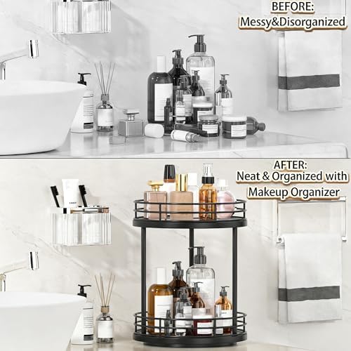 2-Tier Rotating Bathroom Countertop Organizer, Wooden Makeup Vanity Storage, Multifunctional Lazy Susan Turntable for Skincare, Perfume and Cosmetics (Black) - Image 3