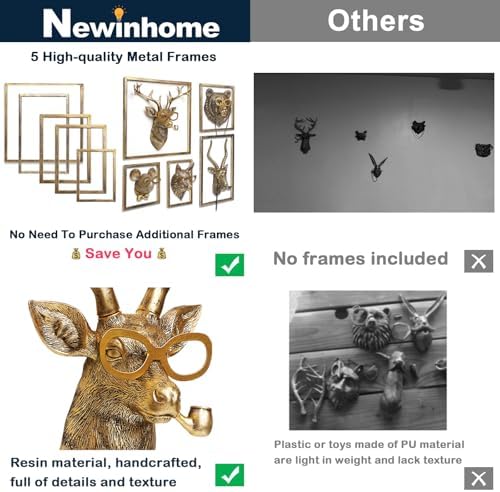 Newinhome Animal Heads Wall Decor (5pcs, Includes Metal Frame) Resin Animals Sculptures Head Wall Hanging Decoration Gold vintage Wall Sculpture for Living Room Bedroom Office - Image 3