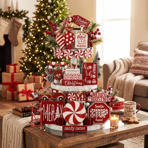 Mifoci 18 Pieces Christmas Candy Cane Tiered Tray Decor Wooden Signs - Image 5