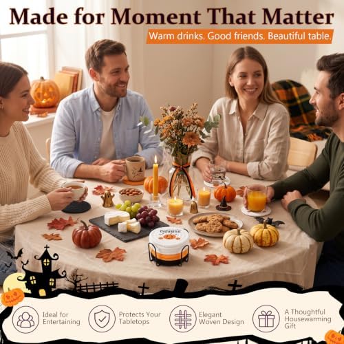 OIAHOMY 8 Pcs Halloween Coasters with Holder for Beer, Coffee, Woven Cotton Coaster Set for Table Decor for Kitchen, Bar, Dining Room, Living Room, Housewarming Gifts - Halloween Mixed Color - Image 5
