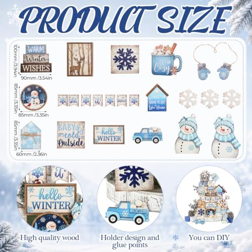Shellwei 23 Pcs Christmas Tiered Tray Decor Set, Blue Snowman Wood Signs - Image 3