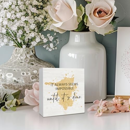 Office Gold Wooden Box Sign Desk Inspiring Quotes It Always Seems Impossible Until It's Done Office Motivational Decorative Signs for Office, Inspirational Home Shelf Desk Decor 5x5 Inch - Image 5