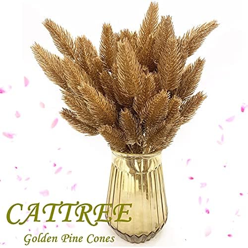 CATTREE Artificial Gold Leaves Plants Plastic Fake Grass Faux Shrubs Simulation Bushes Home Indoor Outdoor Garden Leaf Wedding Festival Decoration Hall Table Planter Filler – Golden Pinecone 2 Pack - Image 2