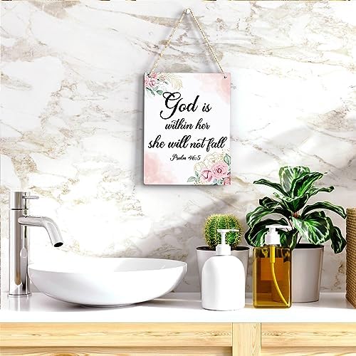 Inspirational Decor God is Within Her She Will Not Fall Psalm 46:5 Christian Gifts for Women Bible Verse Wall Art Scripture Wooden Hanging Sign for Kids Room Bathroom Bedroom Decor 8 x 10 Inches - Image 5