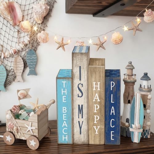 Lineshading 4 Pcs Summer Table Decoration Wooden Book Coastal Beach Sign - Image 2