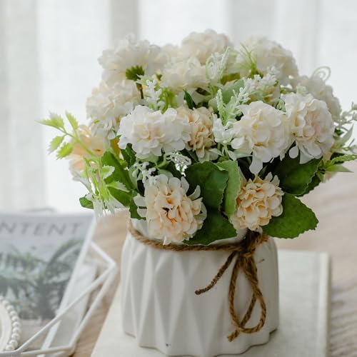 TKAS Fake Flowers Arrangement in Ceramic Vase, Artificial Faux Silk Hydrangea, Small Realistic Dried-Style Floral, Dining Table Centerpiece for Wedding Party Home Decoration (White) by TKAS