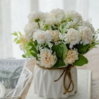 TKAS Fake Flowers Arrangement in Ceramic Vase, Artificial Faux Silk Hydrangea, Small Realistic Dried-Style Floral, Dining Table Centerpiece for Wedding Party Home Decoration (White) by TKAS
