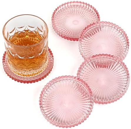 Modern Clear Coaster Set of 5- Glass Coasters for Drinks, Clear Pink by Unknown