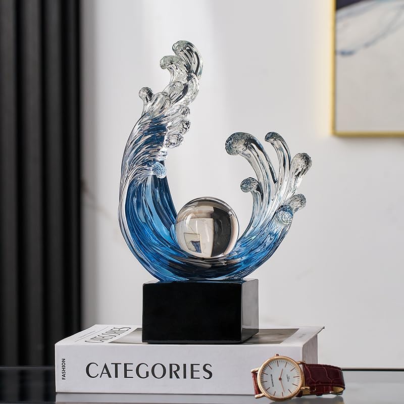 Modern Abstract Decorative Wave Statue, Blue Abstract Art Home Decor,Crystal Ball Art Wave Resin Sculpture, Office Desk Stand, Dining Table Center Decorative Aesthetics (A,Navy-Blue) - Image 5