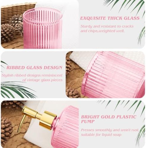 Pink Glass Bathroom Accessories Set 5 Piece, Vintage Ribbed Soap Dispenser, Toothbrush Holder, Tumbler, Qtip Jars, Cute Aesthetic Vanity Organizer for Home, Restroom Countertop Decor - Image 5