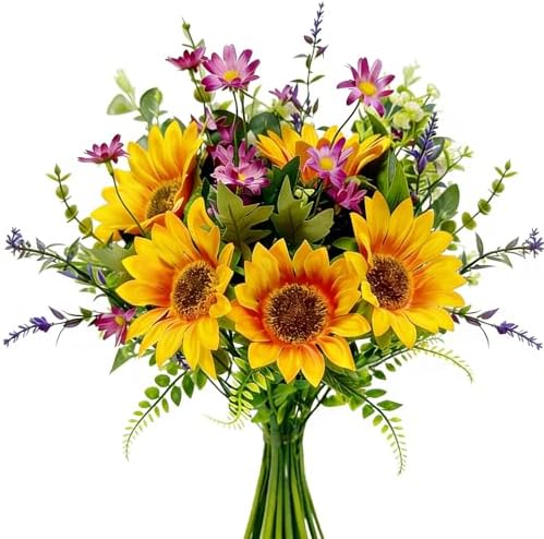 Artificial Sunflower Bouquet with Wildflowers, Silk Fall Cemetery Flowers Arrangement for Vase, Faux Sunflowers Table Centerpiece for Home Kitchen Office Wedding Party Grave Decor by Unknown