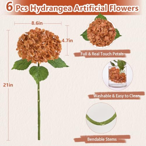6 Pcs Real Touch Hydrangea Artificial Flowers, 21" Fake Flowers, Brown - Image 7