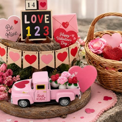 Valentine's Day Pink Truck Decor with 4 Mini Rose Flower Pots, Vintage Metal Pickup Tabletop Decoration, Romantic Farmhouse Centerpiece Gift for Women, Wife, Mom, Girlfriend, Anniversary Wedding - Image 5