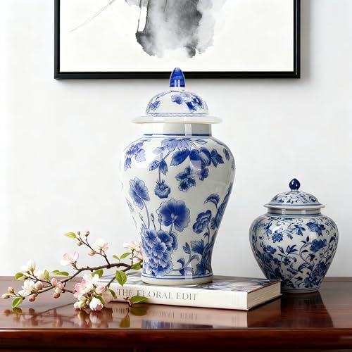 11″ Blue & White Ginger Jar with Lid Classic Peony Home Decor Aesthetic - Image 4
