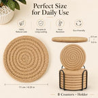 ABenkle 8 Pcs Drink Coasters with Holder, Jute Woven Absorbent Coasters for Drinks, Boho Minimalist Home Decor Coaster Set for Coffee Wooden Tabletop Protection Table, 4.3 inches - Image 2