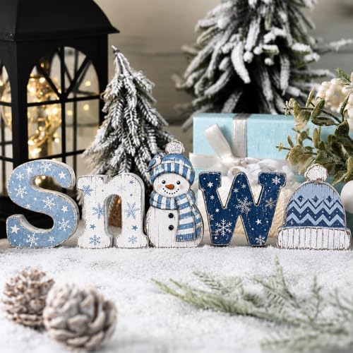Threehoney 5 Pcs Winter Snow Wooden Table Decor, Snowman Design for Mantel by Threehoney