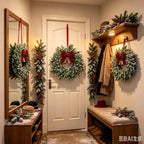 8 Set Christmas Hanging Wreaths Small Snow Flocked Artificial Cedar Wreaths with Red Velvet Ribbon Bronze Bells Mini Faux Greenery Wreath for Front Door Porch Cabinet Window Xmas Holiday Decorations - Image 2