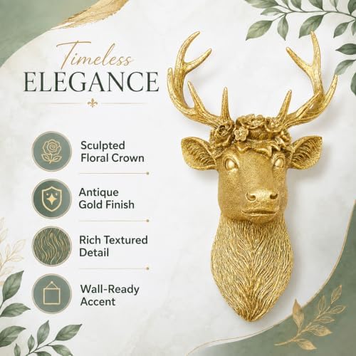 GUSFREUD Gold Animal Head Wall Decor - 13" Resin Deer Head Wall Art For Home Decor, Deer Wall Sculptures for Living Room, Bedroom, Kitchen, Unique Gift Idea - Image 4