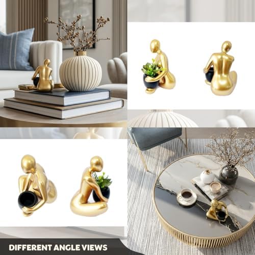 Senea Kay Modern Abstract Statue with Removable Faux Succulents Plants – Resin Figurine Home Decor Accents, Coffee Table Shelf Styling. Collectible Art Luxury Gift Items Woman thinker sculpture (Gold) - Image 7