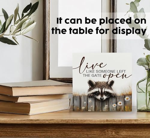 Raccoon Sign - Live Like Someone Left The Gate Open Wooden Box Signs, Raccoon Decor, Farmhouse Trash Panda Wood Decoration Home Decor For Desk Table Shelf 8x8 Inch Decorative Signs & Plaques - Image 3