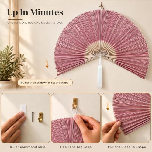 Bamboo Fan Wall Decor, Japanese Wall Fan, Red Pink 48 in - Image 5