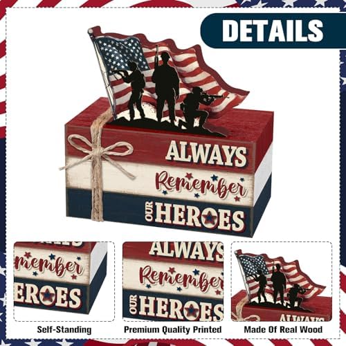 Geelin 4 Pcs Veterans Day Patriotic Table Decoration Wooden Book Stack Sign - Image 4