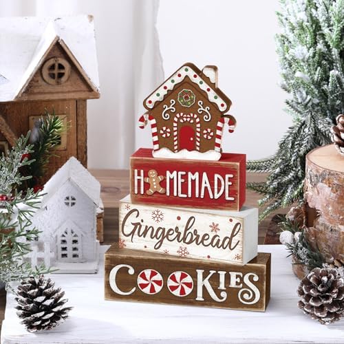 Marsui 4 Pcs Christmas Gingerbread House Decorations Wooden Table Signs - Image 2