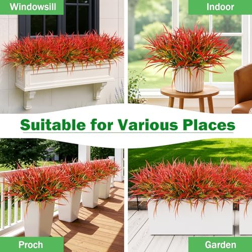 Uieke 28 Bundles Artificial Outdoor Plants UV Resistant Fake Grass Plants Faux Plastic Plants Greenery Shrubs for Home Garden Pathway Window Box Front Porch Cemetery Fall Decor, Autumn Red - Image 6
