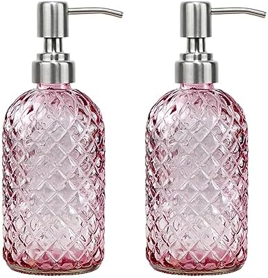 16 oz Soap Dispenser with 304 Rustproof Stainless Steel Pump, Kitchen, Bathroom Refillable Glass Liquid Soap Dispenser for Hand Soap, Soap, Lotion. (Pink-2pack) by SDlumeiy