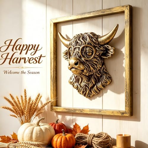 Newinhome Animal Heads Wall Decor (Includes Metal Frame) Resin Animals Sculptures Head Wall Hanging Decoration Gold vintage Wall Sculpture for Living Room Bedroom Office(Highland cattle) - Image 5