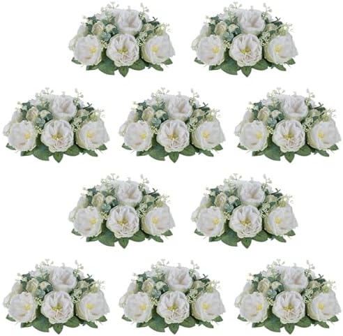 NUPTIO Artificial Flowers Ball Centerpiece: White Fake Kissing Rose, 10 Pcs by Nuptio