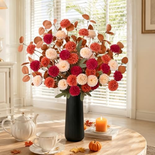 12 Pcs Realistic Fall Flowers Fake Mums with Vase, Full Silk Pompon Bulk - Image 7
