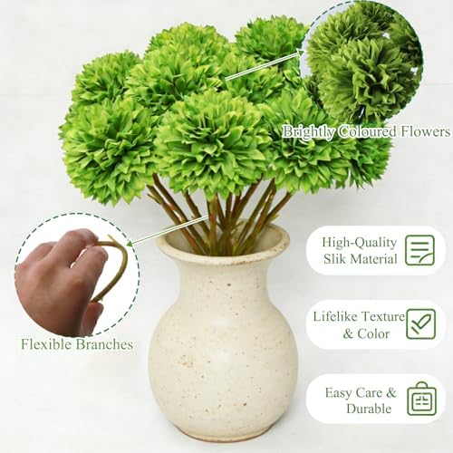 Tinsow 12 pcs Artificial Flowers Green Faux Ball Chrysanthemum Bouquet Flowers Wedding Bouquet for Spring Home Garden Party Wedding Decoration St Patricks Day Table Centerpiece - Image 4