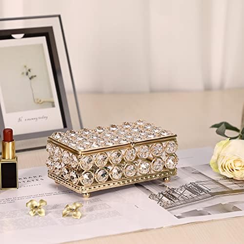 ELLDOO Crystal Jewelry Box Rectangle Trinket Organizer Earrings Rings Box Treasure Box Home Decor Accent Decorative Box with Lid for Valentine Wedding Christmas Birthday Gift, Gold, Small - Image 5