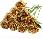 10pcs Gold Roses Artificial Flowers, Realistic Faux Rose with Long Stem by Nubry