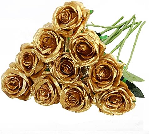 10pcs Gold Roses Artificial Flowers, Realistic Faux Rose with Long Stem by Nubry