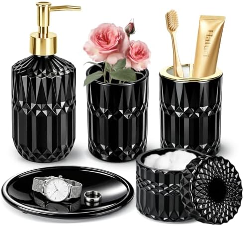 Matte Black Bathroom Accessories Set, Glass Bathroom Set, 5 Pcs by Haturi