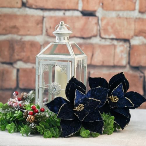 10 Pcs 9.4" Velvet Poinsettia Picks Glitter Artificial Christmas Flower Stems for Xmas Tree Wreath Garland Winter New Year Home Decoration, Navy Blue - Image 5
