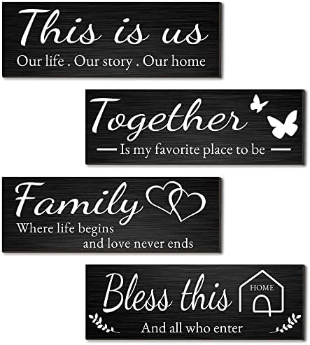 Joyhawk 4 Pieces Home Wall Decor Signs, THIS IS US/TOGETHER/BLESS THIS HOME/FAMILY Wall Decor For Living Room Bedroom, Rustic Wooden Farmhouse Wall Art Decor, 4.7 x 13.8 Inch(Black) by JOYHAWK-DesigningaBetterLife