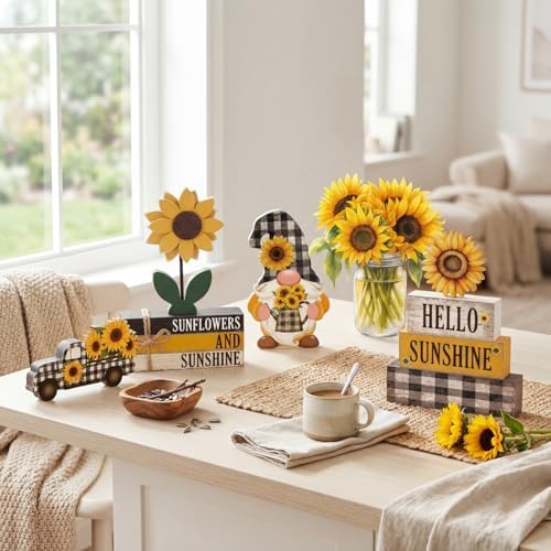 11 Pcs Sunflower Table Centerpiece Decorations, Wooden Stacked Sign - Image 2