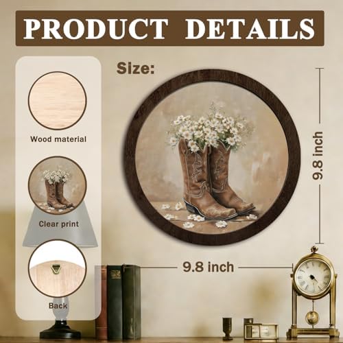 CFFJLHN Western Coastal Cowgirl Wall Art Decor, Western Cottagecore Wildflower Cowgirl Boots Round Hanging Wall Decor for Girls Bedroom Room Dorm Apartment Home, 10x10 Inch - Image 7