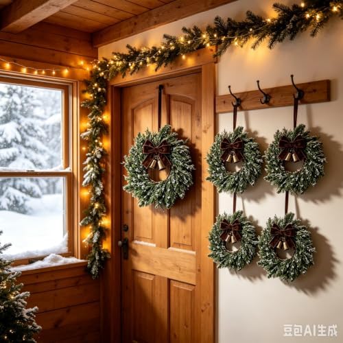 4 Pcs Small Christmas Hanging Wreaths Artificial Snow Flocked Cedar Wreaths with Brown Velvet Ribbon & Bronze Bells Mini Christmas Wreaths for Cabinet Porch Front Door Winter Xmas Holiday Decorations - Image 7