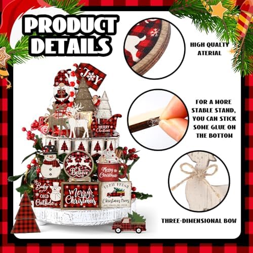 Shellwei 21 Pcs Christmas Tiered Tray Decor Set Plaid Christmas Table Sign - Image 4